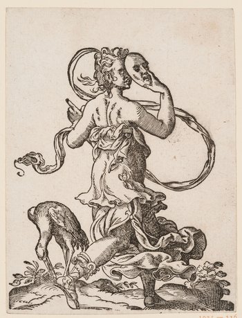 Jost Amman (1539-1591), Weibliche Personifikation mit Maske (aus dem Kunst- und Lehrbüchlein etc. oder dem Stamm- und Wappenbuch etc.), Deutschland, um 1579
