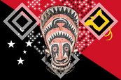Das Bild ist eine digitale Grafik mit einer stilisierten Darstellung der Nationalflagge von Papua-Neuguinea mit ihren charakteristischen Farben Schwarz, Rot und Weiß sowie einem Vogelemblem. In der Mitte befindet sich eine traditionelle Maske mit symmetrischen Mustern, ebenfalls in den Farben der Nationalflagge.