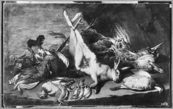 Schwarzweiße Abbildung eines Ölgemäldes mit einem ausgeweideten Hasen und verschiedenem Wildgeflügel