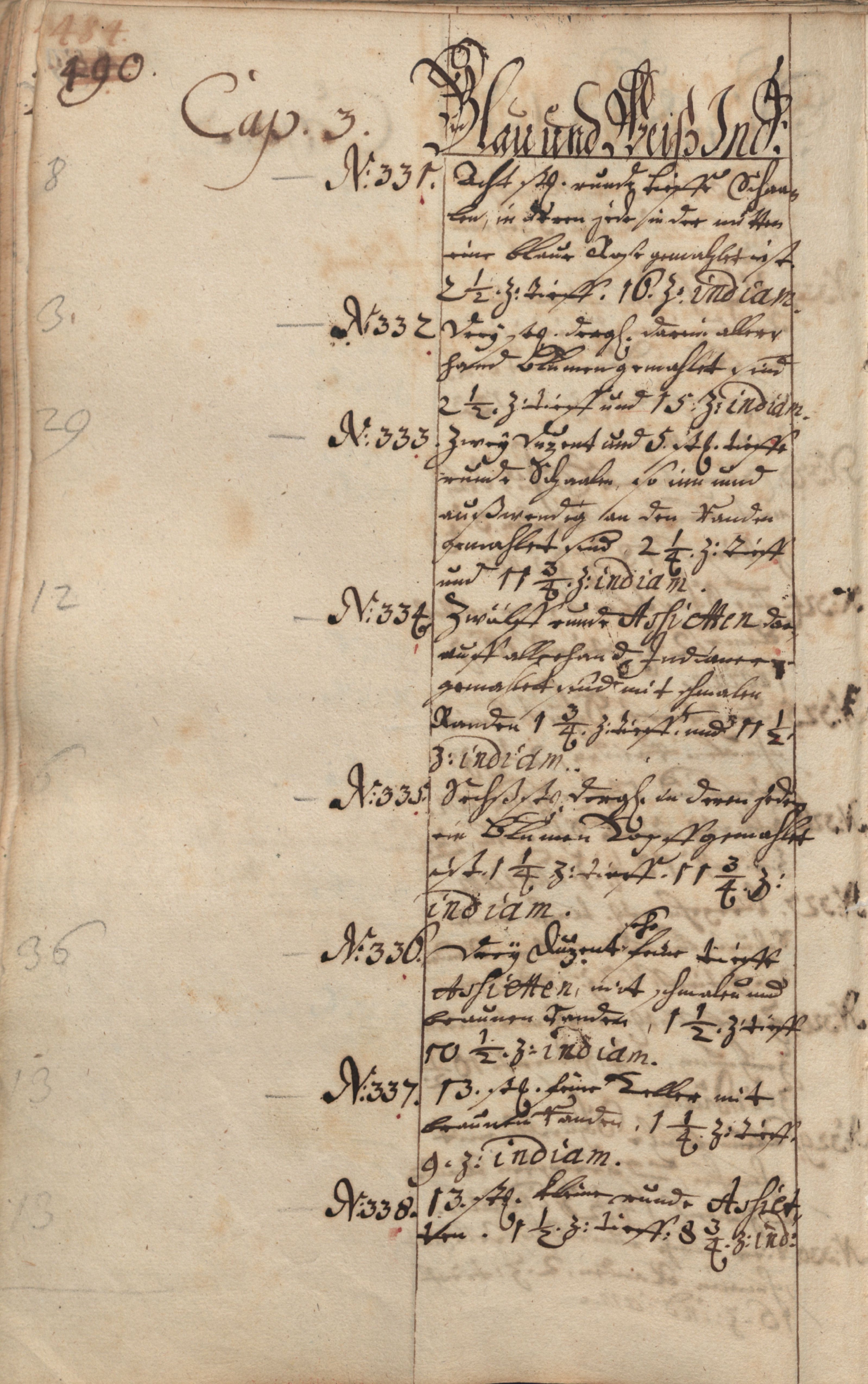 Scan, Buchseite mit handschriftlicher Listung von Objekten