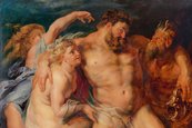 Peter Paul Rubens, Der trunkene Herkules, von einem Satyr-Paar geführt, um 1613/14 muskulöser, nackter Mann auf zwei Personen gestützt