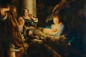 Correggio, Die Heilige Nacht, um 1528/30 Mutter mit Baby im Arm in dunkler Umgebung