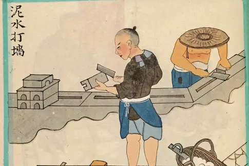 Bilderbuch, farbige Pinselzeichnung eines Handwerkers