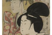 Kitagawa Utamaro I: Serie: Modelle junger Frauen mit Nebelgeweben (kasumiori musume hinagata 霞織娘雛形), Blatt: Bambusjalousie (sudare no kage すだれのかげ), um 1795 Zwei Frauen in Kimonos.