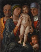 Andrea Mantegna, Die Heilige Familie Kind steht auf Schoß einer Frau, daneben Mann, weitere Frau und Kind, alle Personen besitzen Heiligenschein