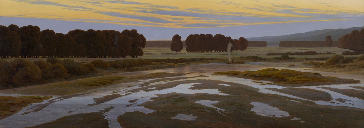 eine Landschaft in der Abenddämmerung mit Wasserflächen und Bäumen