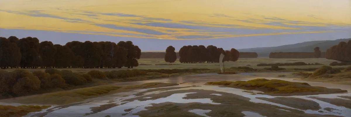 Caspar David Friedrich, Das Große Gehege bei Dresden, 1832 eine Landschaft in der Abenddämmerung mit Wasserflächen und Bäumen