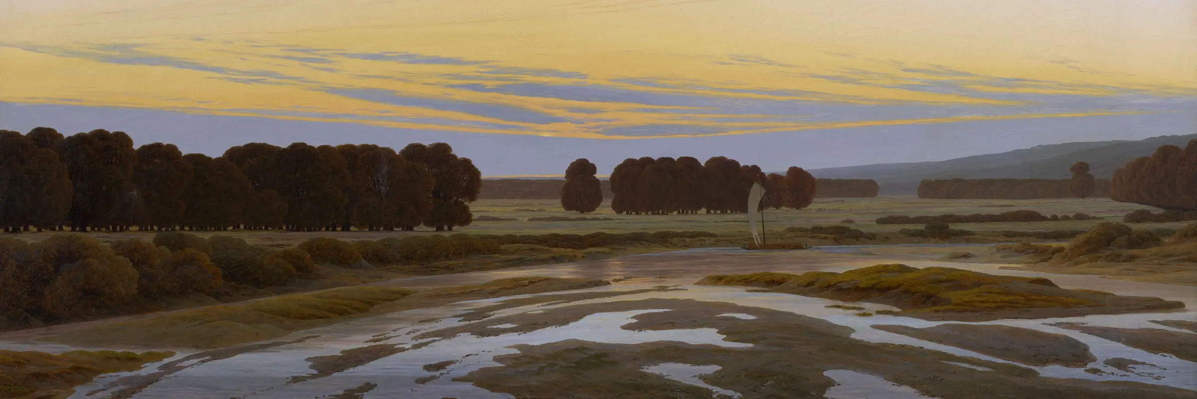 eine Landschaft in der Abenddämmerung mit Wasserflächen und Bäumen