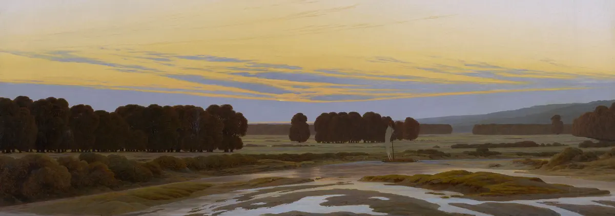 eine Landschaft in der Abenddämmerung mit Wasserflächen und Bäumen