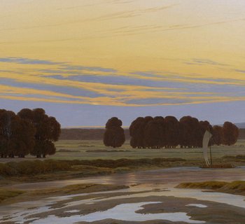 eine Landschaft in der Abenddämmerung mit Wasserflächen und Bäumen