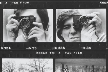 vier schwarz-weiß-Fotografien, zwei Selbstporträts mit Kamera, zwei Bilder von Bäumen