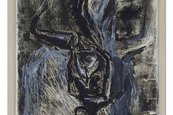 Georg Baselitz, Dreibeiniger Akt, 1977 Zeichnung mit schwarzen, blauen und weißen Strichen