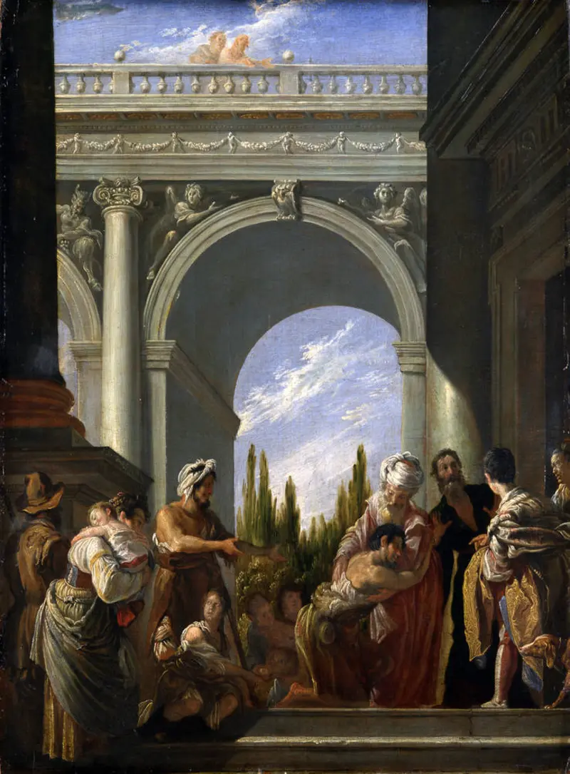 Eine Architekturlandschaft mit der Szene des Rückkehrs des verlorenen Sohnes zu seinem Vater im Vordergrund 