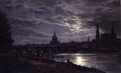Johan C. Dahl, Blick auf Dresden bei Vollmondschein, 1839 Silhouette von Dresdner Bauwerken in der Abenddämmerung, vom Elbufer aus