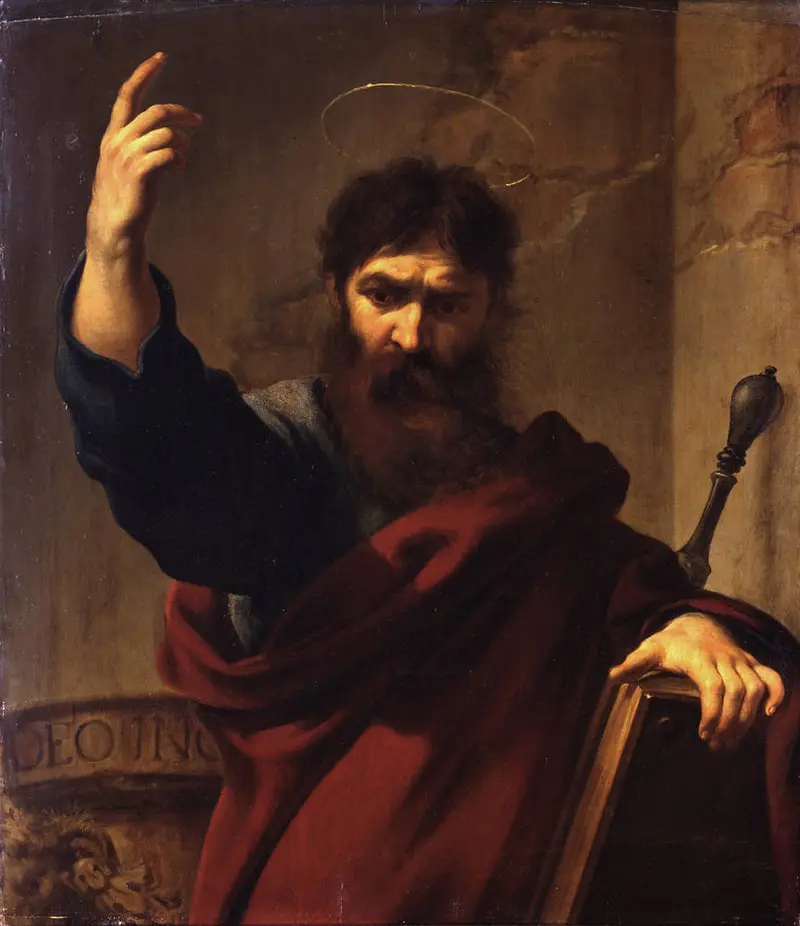 Ein Detail aus einem Gemälde, das einen Heiligen mit einem brauen Bart zeigt 