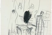 Georg Baselitz, o.T. (GBZ 3157 29.12.1991), 1991 auf dem Kopf stehende Figur aus grauen Strichen und schwarzen Flecken auf hellem Papier