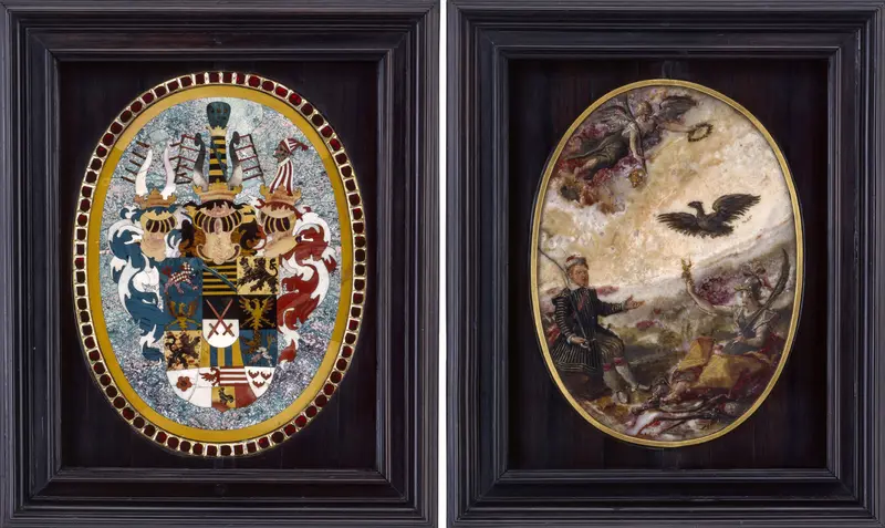 Kursächsisches Wappen (commesso di pietre dure) mit rückseitigem Ölgemälde auf Jaspis