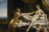 Correggio, Danaë, 1531/32 nackte Frau auf einem Bett, vor ihr sitzt ein Engel