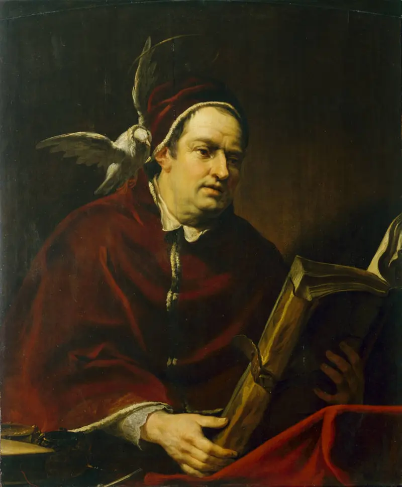 Ein Kardinal im roten Gewand schaut sich ein Buch an. Neben seinem Ohr flüstert eine Taube. 