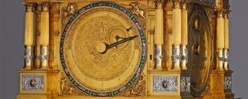 Eberhard Baldewein, Hans Bucher, Hermann Diepel u.a.: Planetenuhr (Baldewein-Uhr), Marburg/Kassel, 1563-1568, Silber, Messing vergoldet, Eisen, Email, Höhe 118 cm © Staatliche Kunstsammlungen Dresden