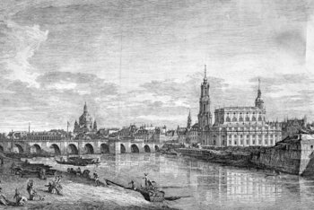Der berühmte Canaletto-Blick als Kupferstich. Dresden mit prominenter Hofkirche und Frauenkirche ist vom rechten Elbufer unterhalb der Augustusbrücke zu sehen.