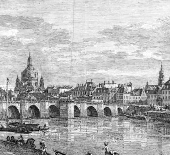 Der berühmte Canaletto-Blick als Kupferstich. Dresden mit prominenter Hofkirche und Frauenkirche ist vom rechten Elbufer unterhalb der Augustusbrücke zu sehen.