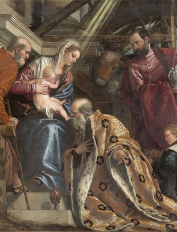 Die drei heiligen Könige sowie weitere Personen und Tiere verbeugen sich vor Maria und dem Christuskind