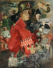 Soldat in einer nationalsozialistischen Uniform, umgeben von zeitgenössischen Personen und Objekten