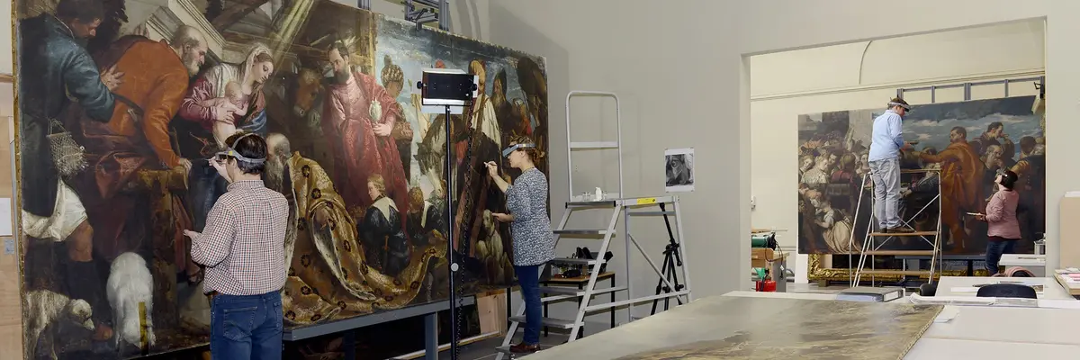 Restaurator*innen bei der Arbeit am Cuccina-Zyklus von Veronese