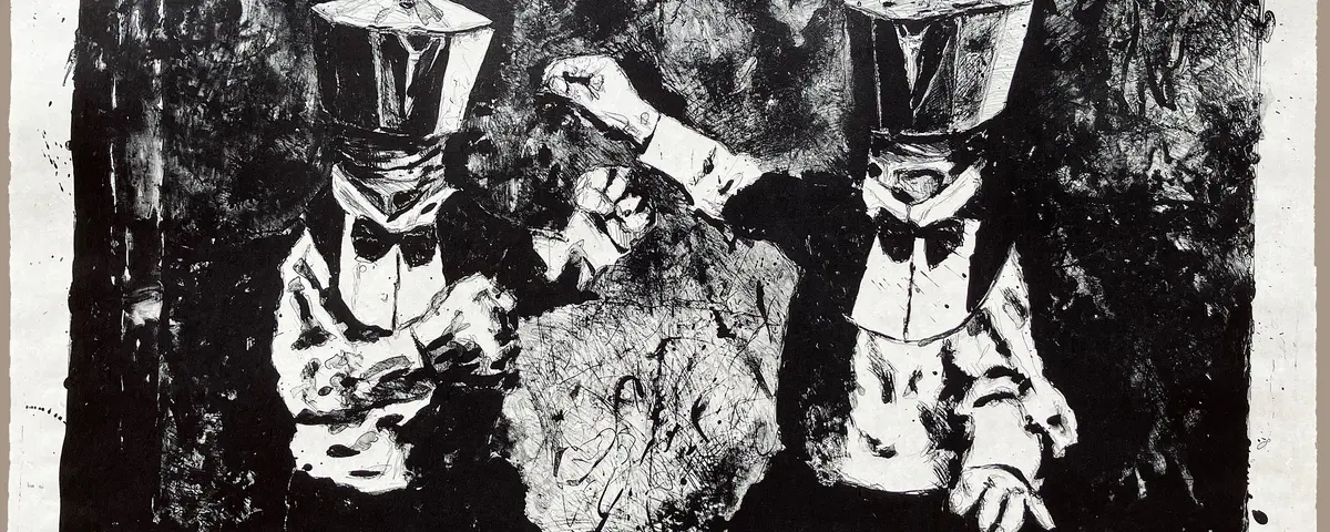 Zeichnung von zwei Personen in Anzügen, deren Köpfe Kaffeekannen sind