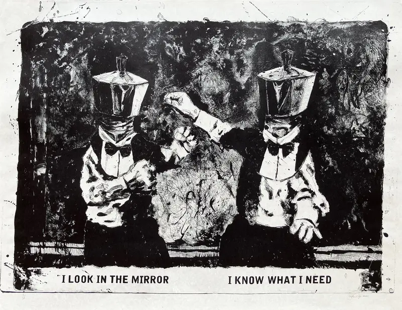 Zeichnung von zwei Personen in Anzügen, deren Köpfe Kaffeekannen sind