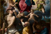 Correggio, Madonna des heiligen Sebastian, um 1524 Frau mit Baby auf dem Arm umringt von Menschen und Engeln, vor leuchtend gelbem Hintergrund