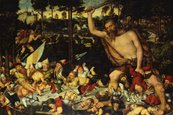 Lucas Cranach d. J., "Der erwachte Herkules vertreibt die Pygmäen" (historischer Titel), 1551 große Figur mit nacktem Oberkörper, die kleinen Personen droht