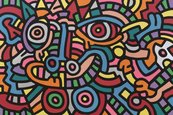 Keith Haring, Untitled, 1986 Buntes abstraktes Bild, auf dem sich ein Gesicht erkennen lässt