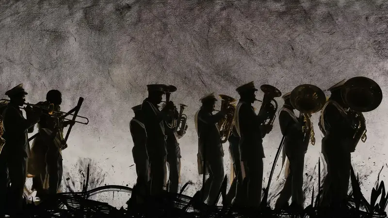 Silhouetten von Menschen mit Blasinstrumenten vor einem grauen Hintergrund