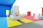 Bühne ohne Grenzen – Experimente im erweiterten Museum (Visualisierung) Animation eines Raumes mit einer Präsentation in der Mitte