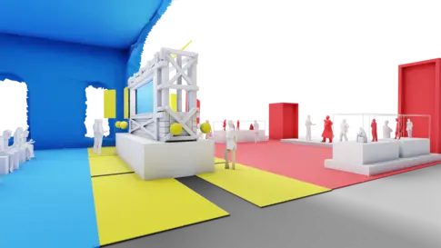 Animation eines Raumes mit einer Präsentation in der Mitte