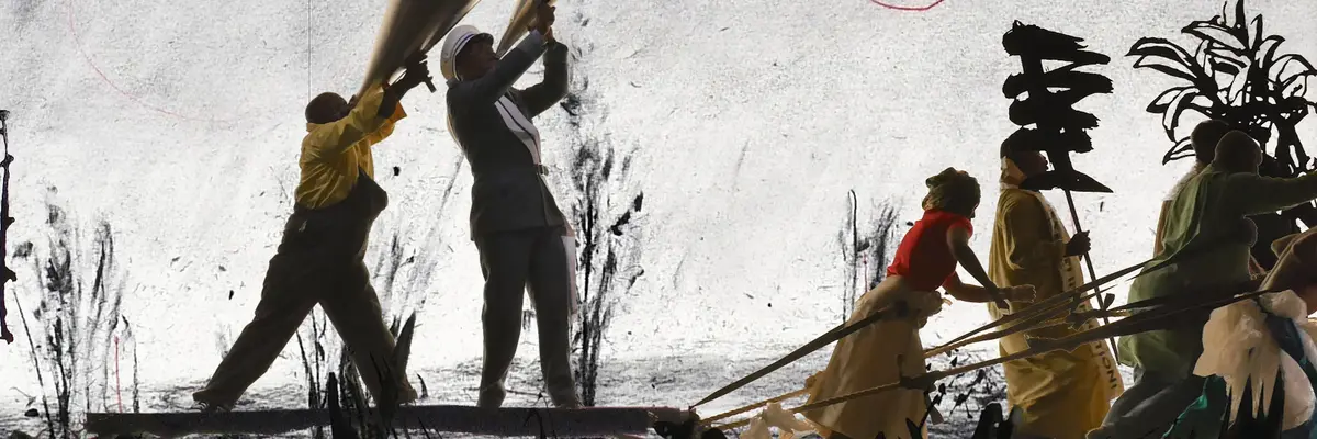 gezeichnete Figuren mit Megafonen in der Hand laufen vor einem grauen Hintergrund