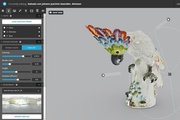 Screenshot, Kakadu im Bearbeitungsmodus mit drei sichtbaren Lichtquellen und den Reglern für deren Einstellung