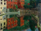 Gemälde, das einen Kanal mit angrenzenden Häusern zeigt