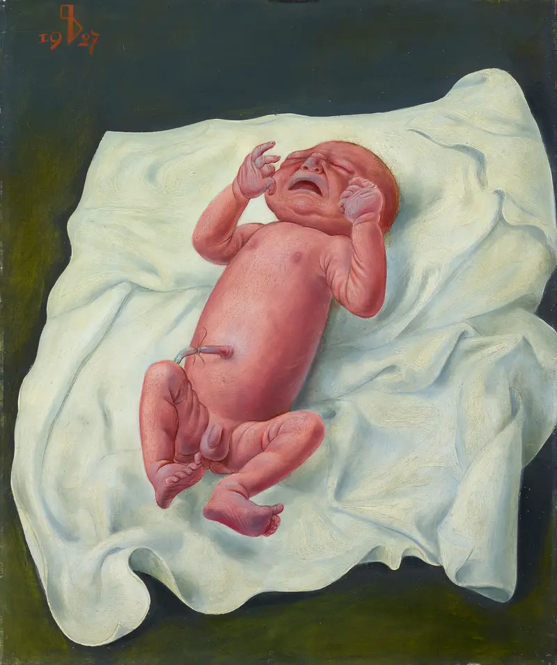 Neugeborenes mit Nabelschnur auf Tuch (Ursus)