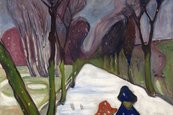 Edvard Munch, Neuschnee in der Allee (Allee im Schneegestöber), 1906 verschneiter Weg in einer Landschaft mit zwei angeschnittenen Personen im Vordergrund