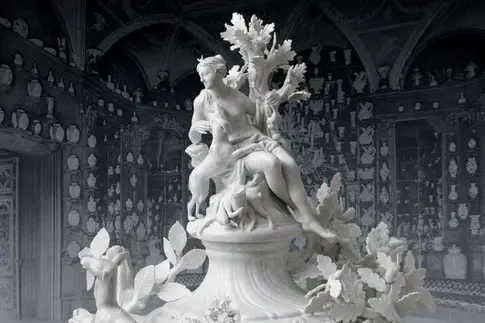 Porzellanvase mit aufwändiger Dekoration im Hintergrund eine Wand mit Porzellanen