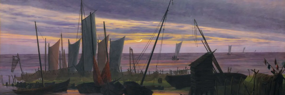 Eine Seeandschaft mit de Vollmond und alten Booten