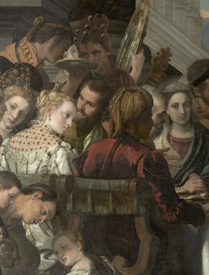 Jesus, Maria, das Brautpaar, Hochzeitsgäste, Musiker und Diener sitzen um einen Tisch