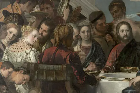 Jesus, Mary, bride and groom, wedding guests, musicians and servantsJesus, Mary, the bridal couple, wedding guests, musicians and servants sit around a table