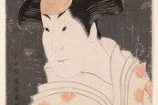 Tōshūsai Sharaku, Der Kabuki-Schauspieler Iwai Hanshirō IV in der Rolle der Amme Shigenoi, 1794 Porträt einer japanischen Person mit Kopfbedeckung und Kleid