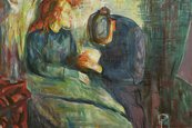 Edvard Munch, Das kranke Kind, 1925 Frau sitzt an einem Bett und hält die Hand einer Person