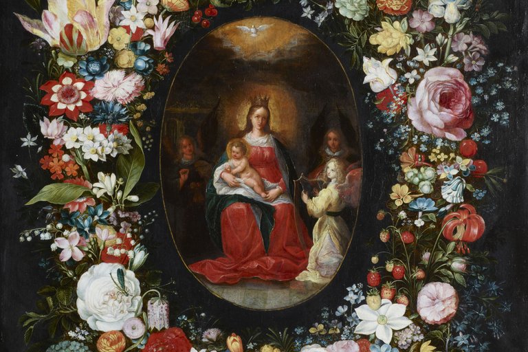 Gemälde mit Frau und Kind umgeben von Blumen