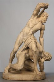 Hercules und Cacus Skulptur zweier Männer, der eine über dem anderen gebeugt und dabei, ihn zu schlagen